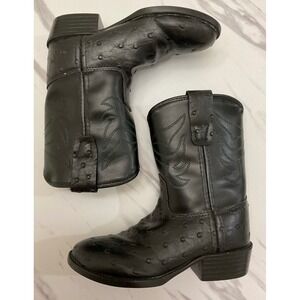 Old West Kids Black Faux Ostrich Western Cowboy Boots Round Toe Size 7.5 2010